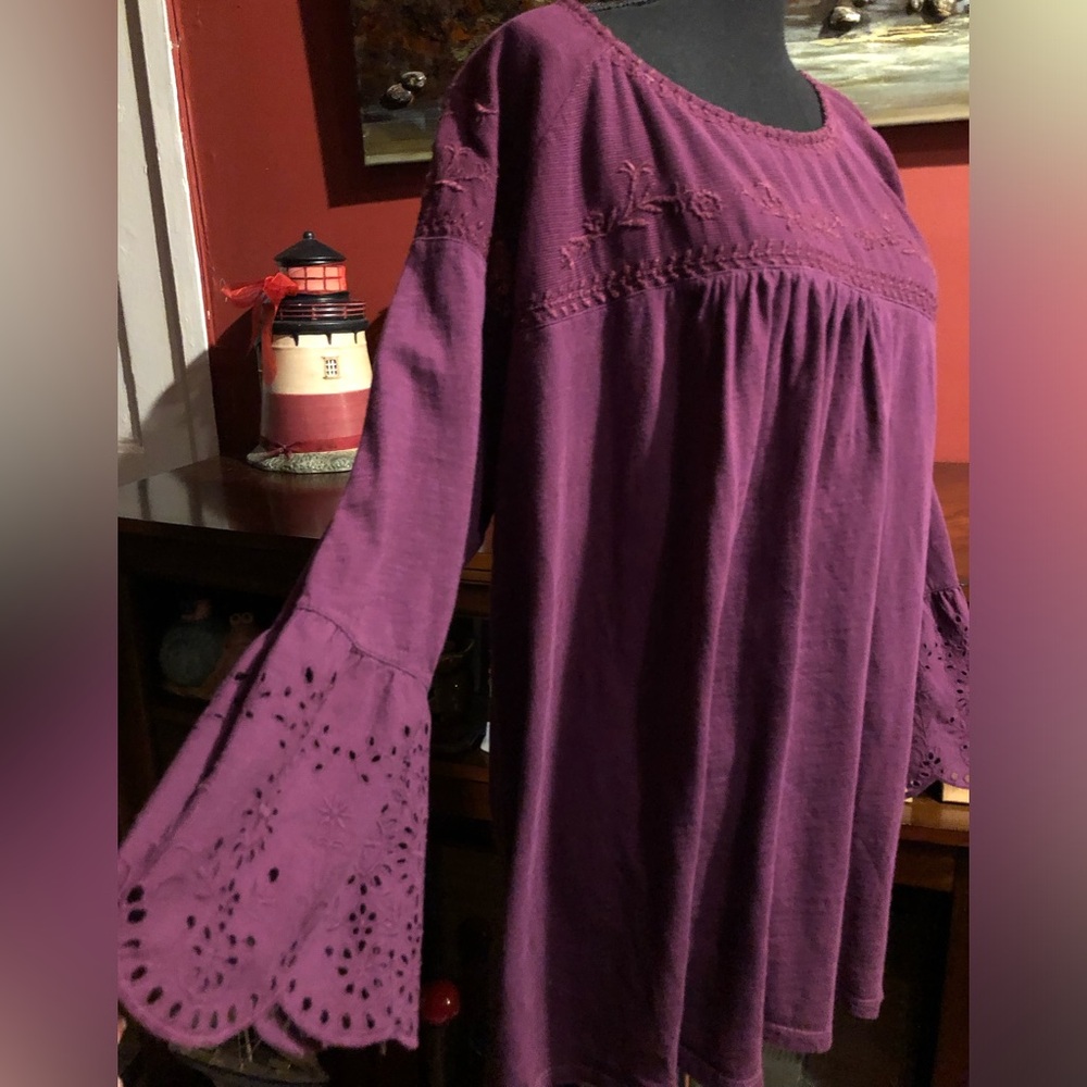 Women's Purple Boho eyelet Bell Sleeve Top